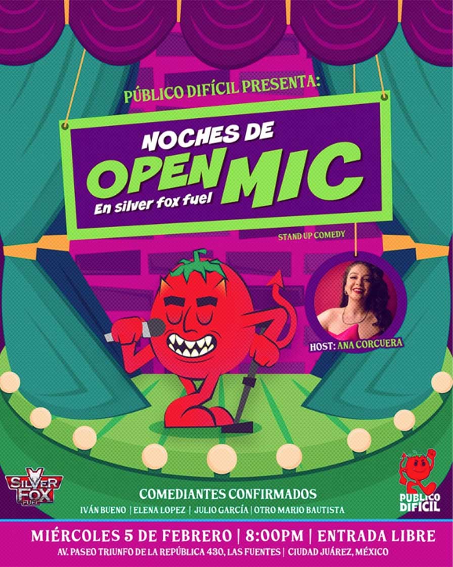 Imagen que promociona el evento "Noches de Open Mic, en Silver Fox Fuel"